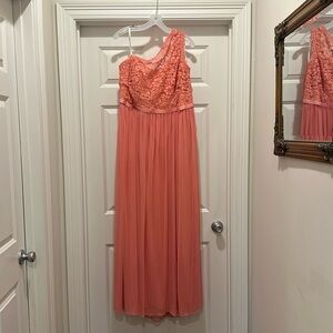 David’s Bridal Coral One Shoulder Bridesmaid Dress